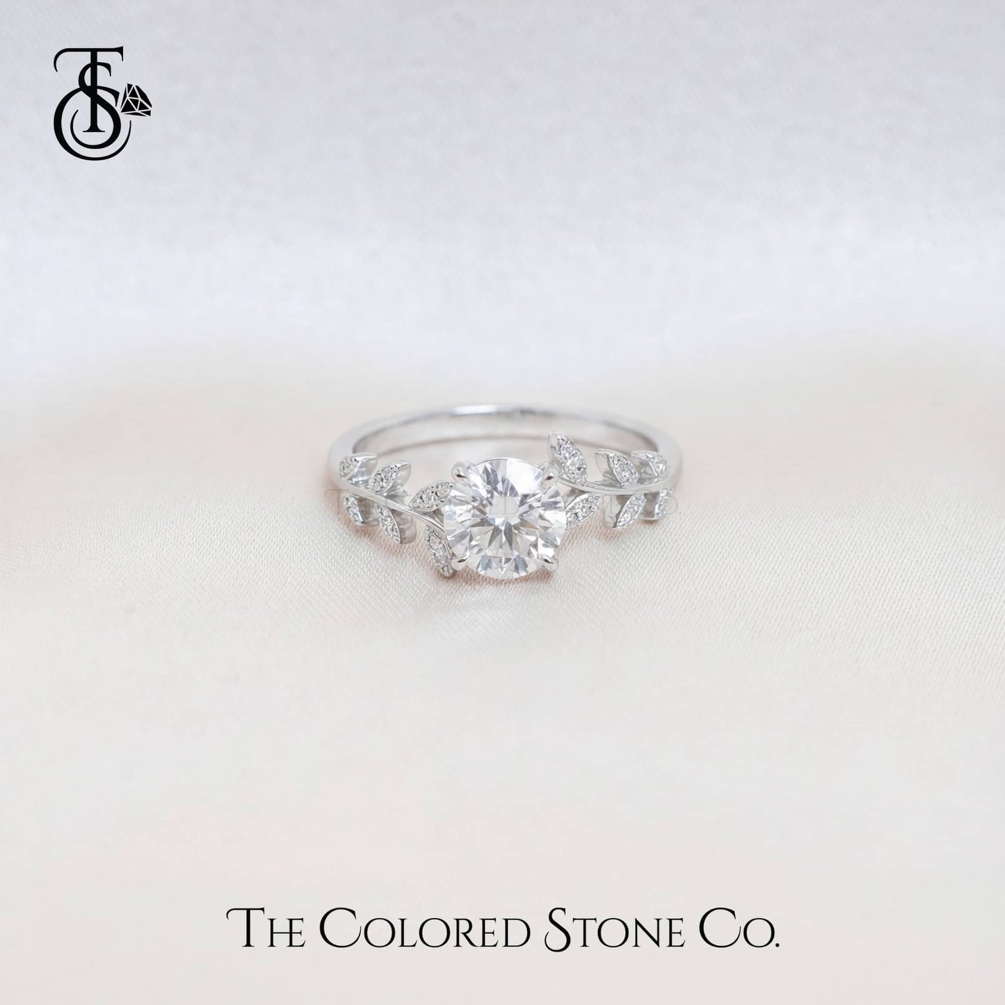 Laurel Ring - Round Lab Grown Diamond with Diamond Leaf Vine Band | 18K Gold Engagement Ring