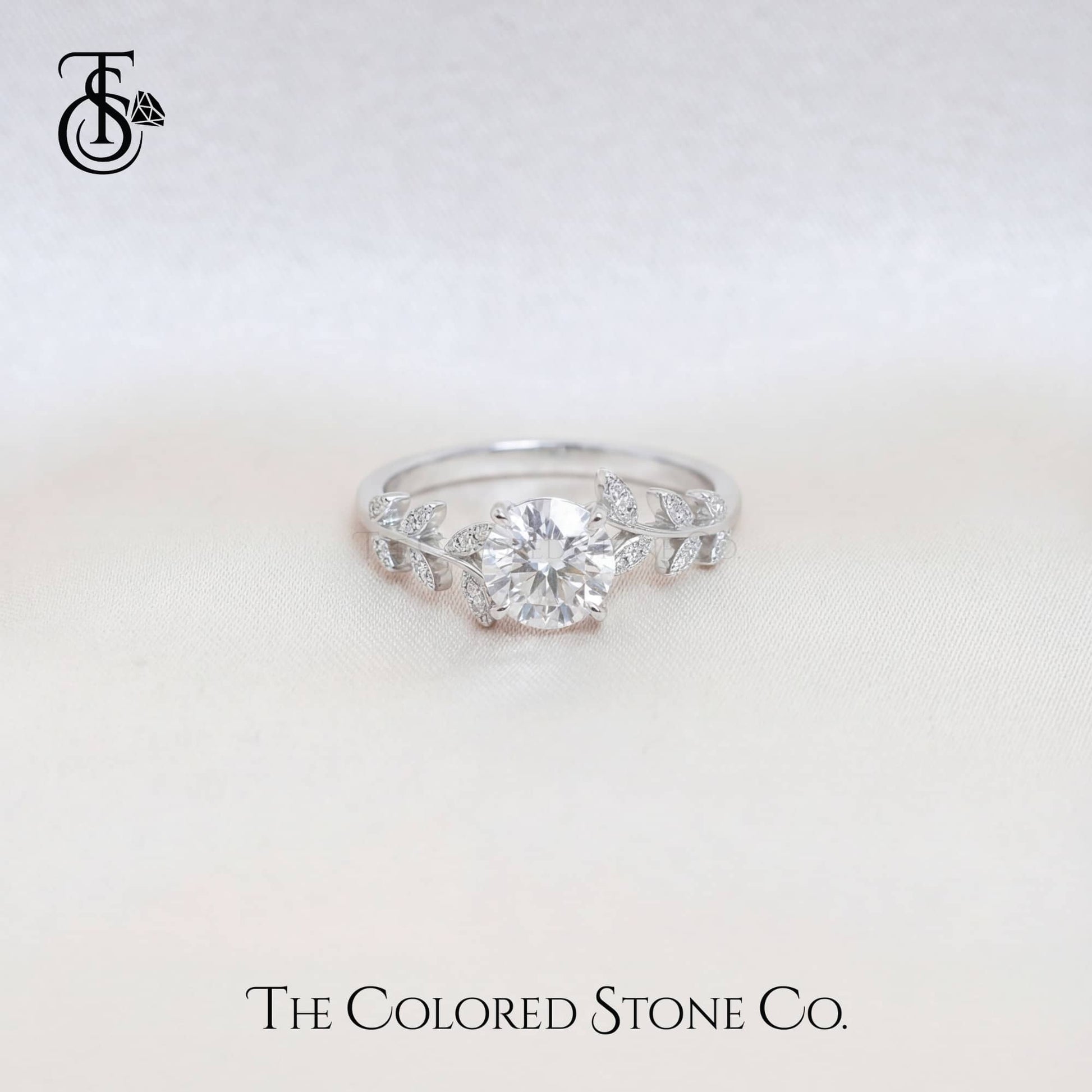 Laurel Ring - Round Lab Grown Diamond with Diamond Leaf Vine Band | 18K Gold Engagement Ring