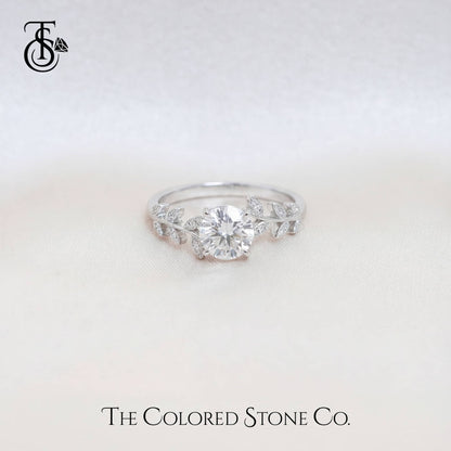 Laurel Ring - Round Lab Grown Diamond with Diamond Leaf Vine Band | 18K Gold Engagement Ring