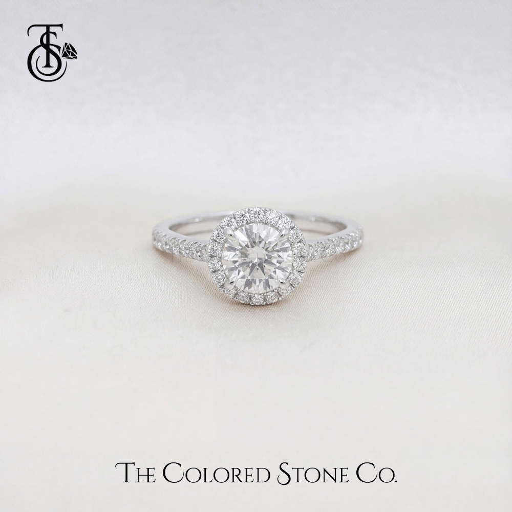 white gold Diamond engagement ring with 'The Colored Stone Co.' branding on a light background