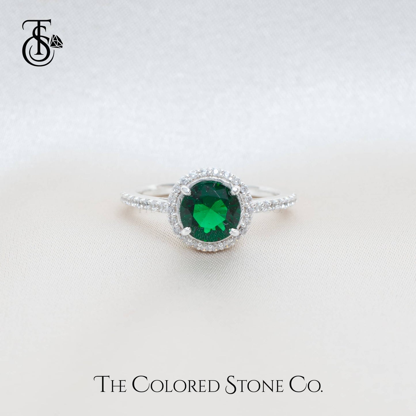 Majestic Halo Ring - Lab Emerald & White Cubic Zirconia